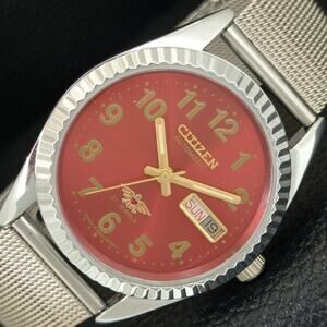 Vintage 1986 Citizen Automatic Mens Silver Watch W/daydate & Red accents